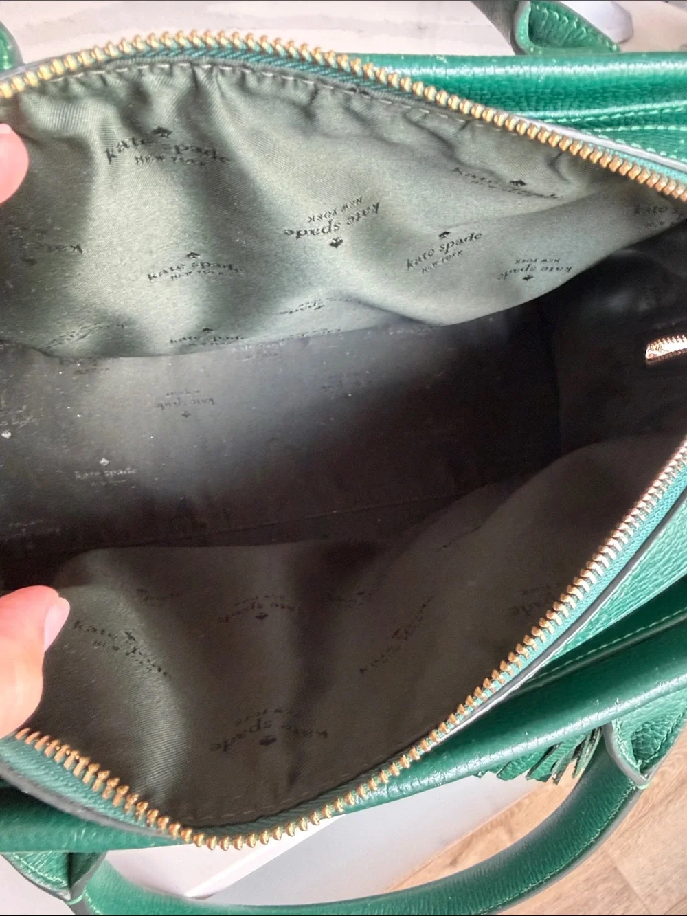 kate spade emerald green pebbled leather satchel with tassel